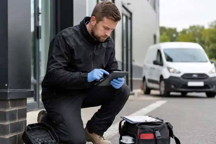 A UK pest control technician updating digital job sheets on a mobile phone during a property inspection, small business pest control software, affordable pest software, easy to use platform